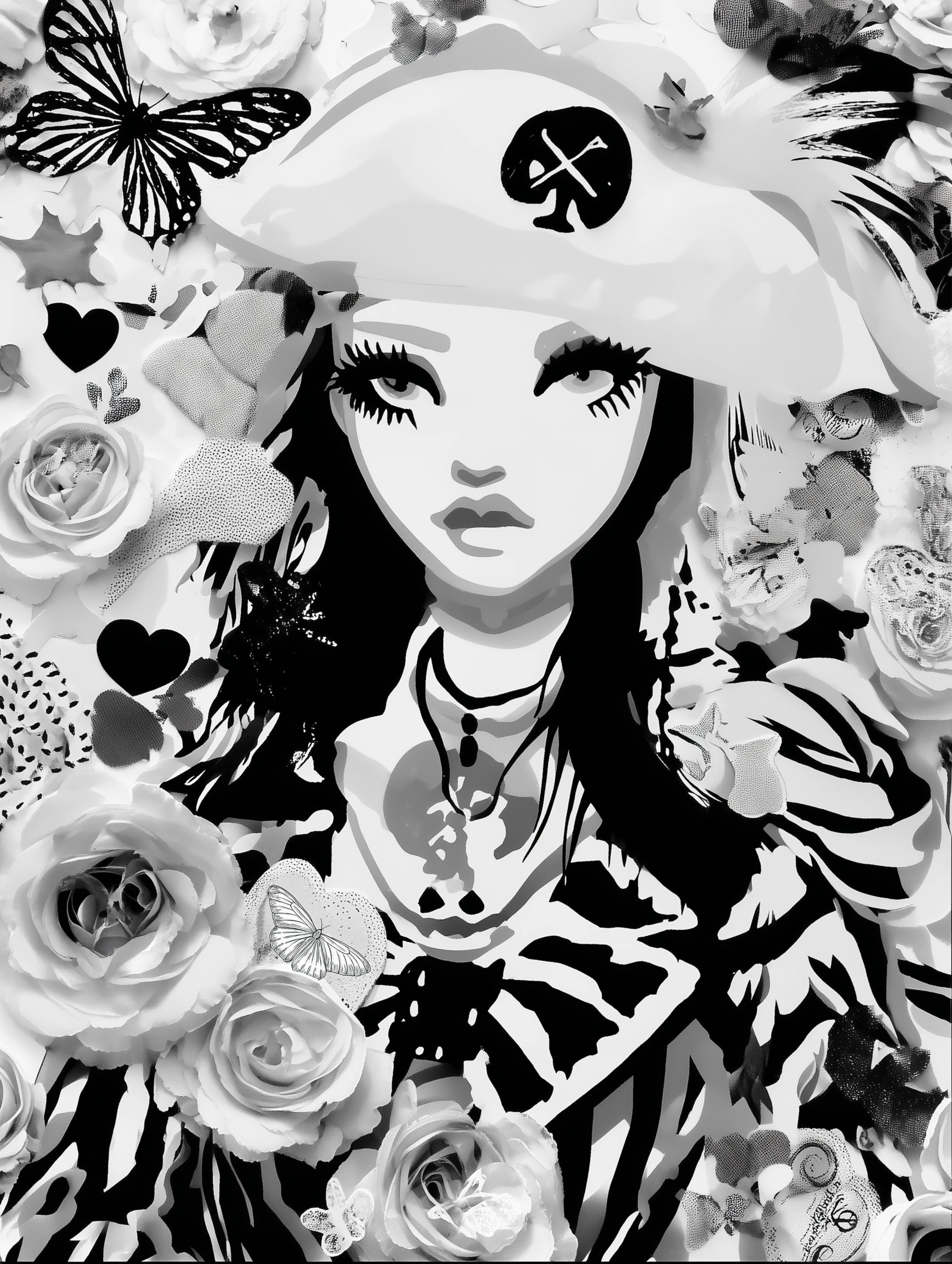 Free printable pirate coloring pages for adults featuring roses in front of lady pirate